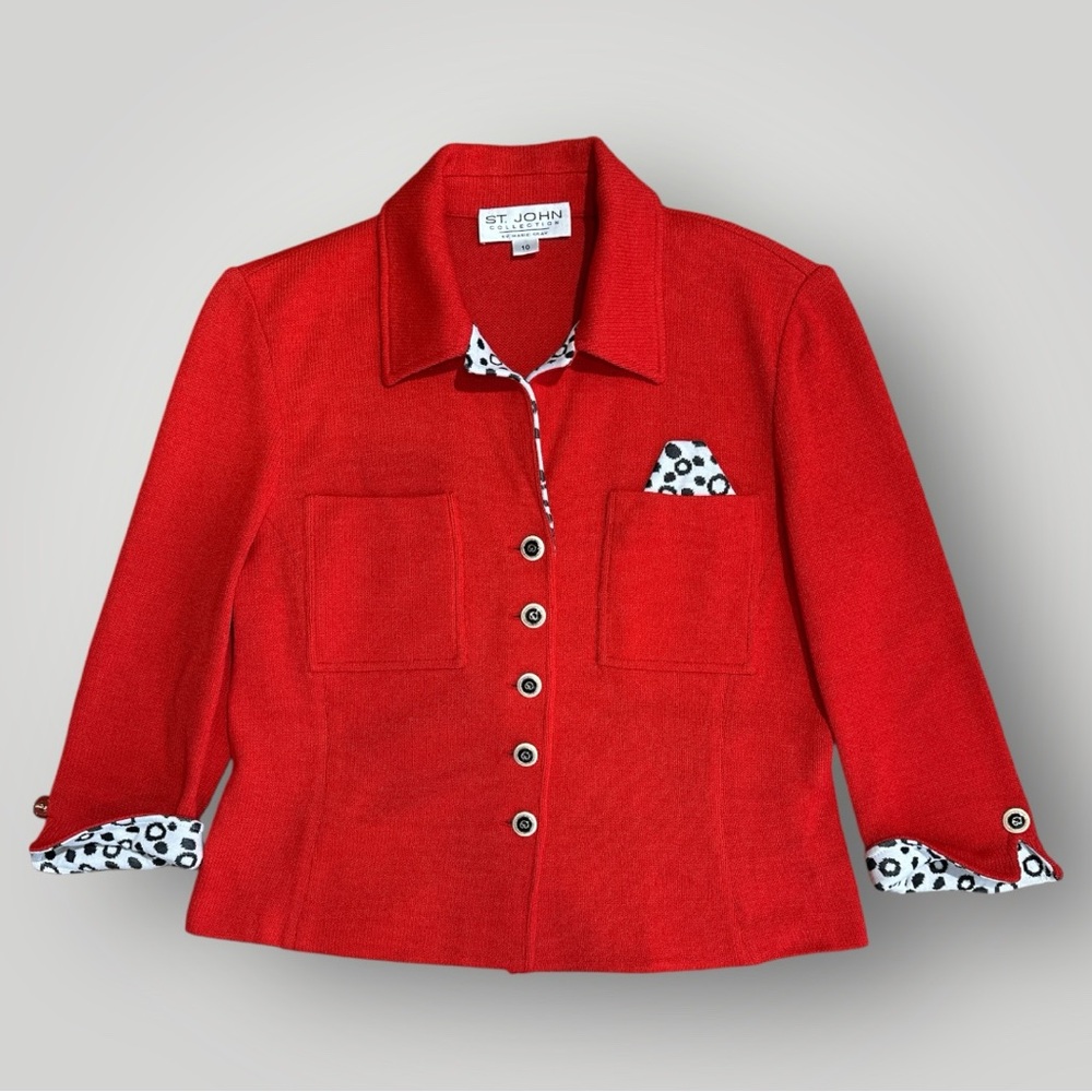 St John Knit Jacket 10 Red Print Trim Vintage Old Money designer luxury USA